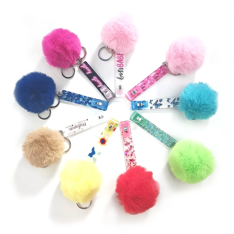 Hot Selling ATM Card Holder Puller Key Chain Acrylic Custom Credit Card Grabber With Pompom Ball For Long Nails
