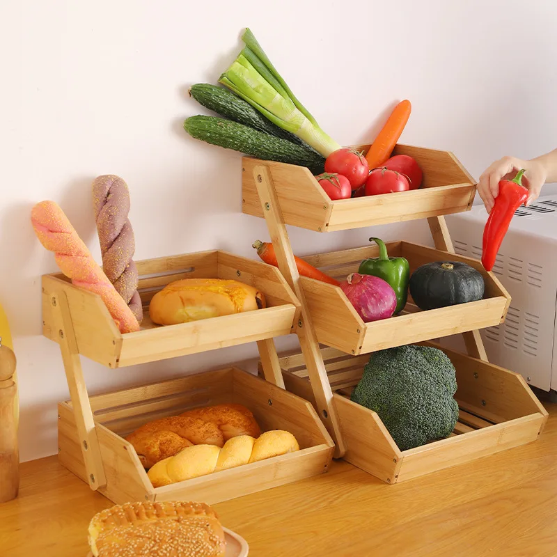 Folding 3-Tier Bamboo Fruit Basket Hanging Kitchen Counter Organizer for Fruit Vegetable Storage for Kitchen Countertop Use