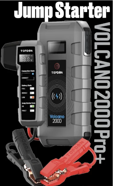  TOPDON Volcano2000Pros portable Jump Starter that delivers 2000Amps peak current for jump starting a flat 12V lead--acid