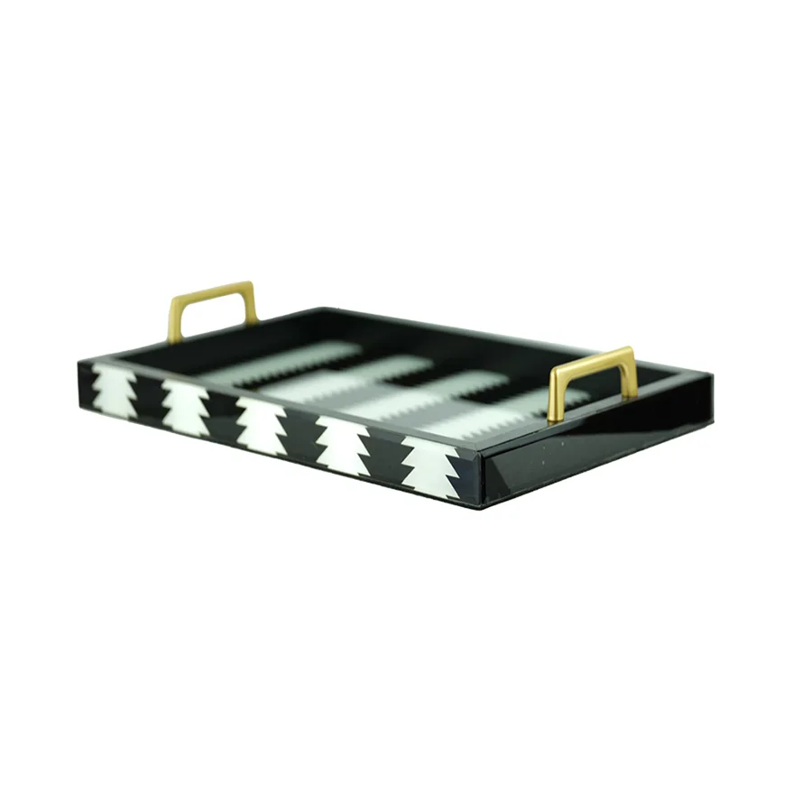 Wholesale Kitchen Chess Black And White Checkerboard Coffee Storage Trays Decorative Glass MIirror Tray Set