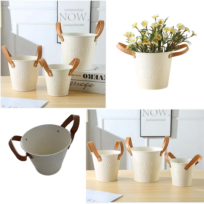 Farmhouse Style Home Decoration Metal Container Bucket Planter with Handles Garden Flower Pot Decor