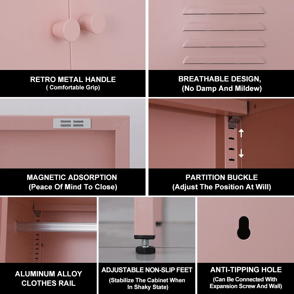 Fashion pink metal swing 2 door cupboard home furniture steel storage cabinet wardrobe for living room