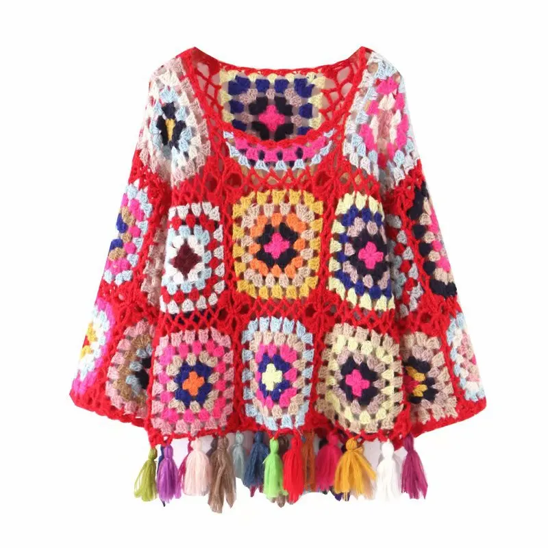 2021 New Arrivals Women Long Sleeve Crew Neck Pullover Handmade Crochet Shirts Fashion Hollow Out Tassel Colors Crochet Sweaters