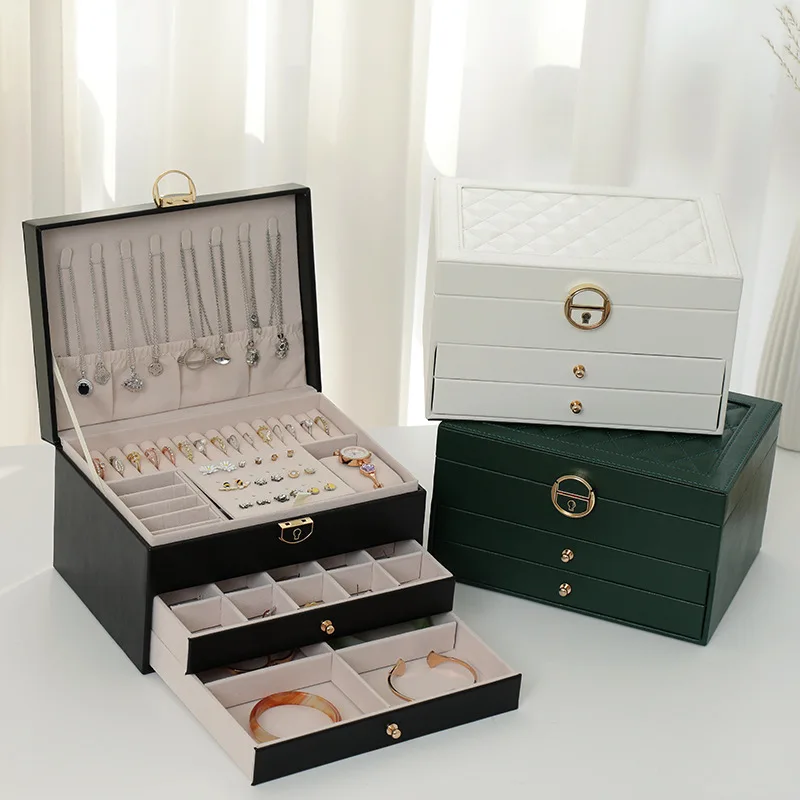 Multi-function jewelry box Three layer lock leather jewelry storage box Earring jewelry box