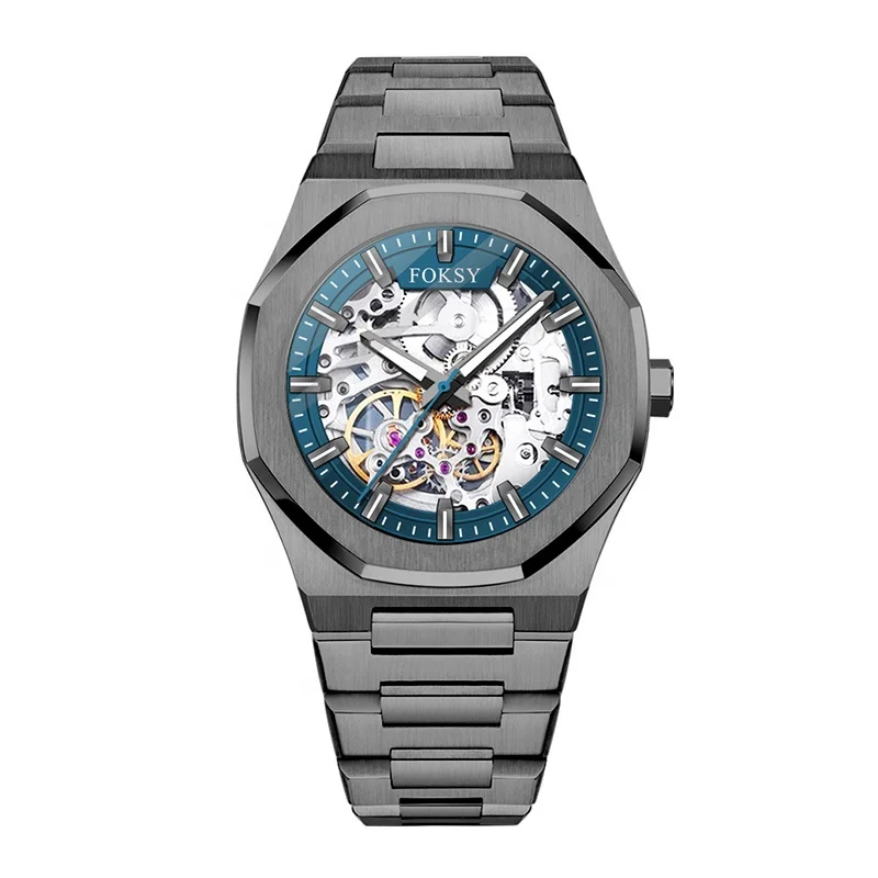 Luxury Gun Plated Seagull Skeleton Movement 5ATM Stainless Steel Chain Watch Automatic For Men