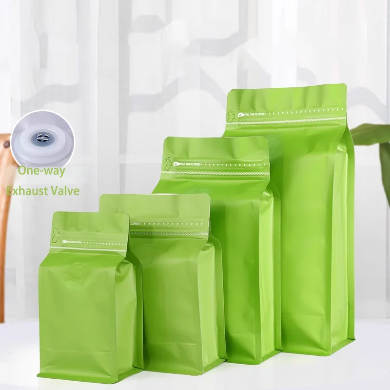 250g 500g 1LB 2LB Green Flat Bottom Packaging Pouches Coffee Carry Zip Lock Custom Coffee Bags for Tea Coffee Bean