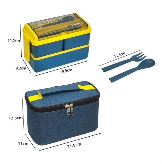 Double Layers Stackable 1400ml Children Cutlery Portable Plastic School Bento Kids Lunch Box Set With Bag