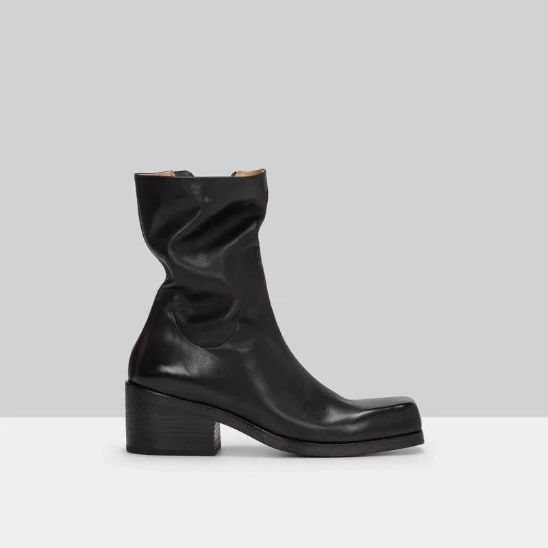 Classic Femme Boot Custom Square Toe Chunky Heel Mid-calf Boots Genuine Leather Casual Zipper Western Women Black Ankle Boots