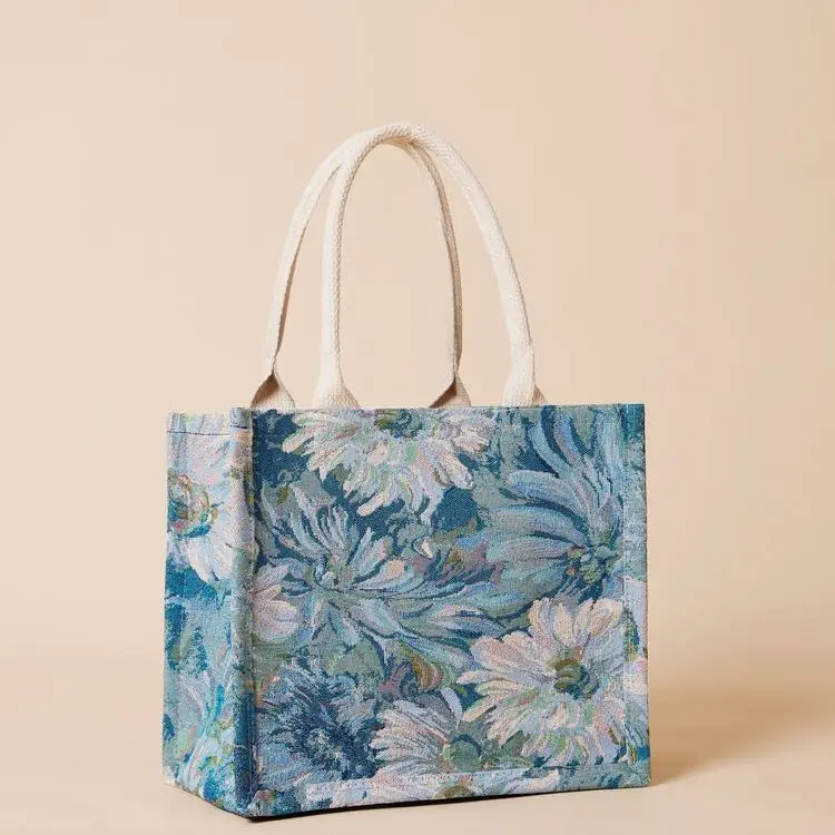 Hot Sell Extra Large Waterproof Customized Cotton Rope Handles Canvas Women Blue Print Bag