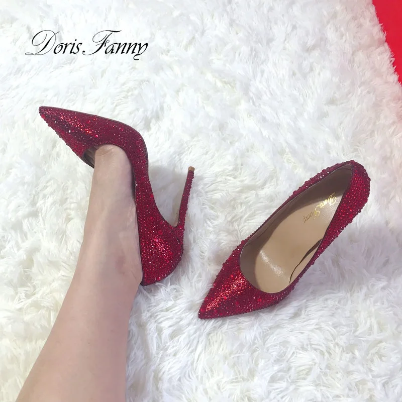 Wholesale Pointed Toe Stiletto Shoes Woman Red Crystals Wedding Shoes Bride Sexy Party High Heels Pumps For Women