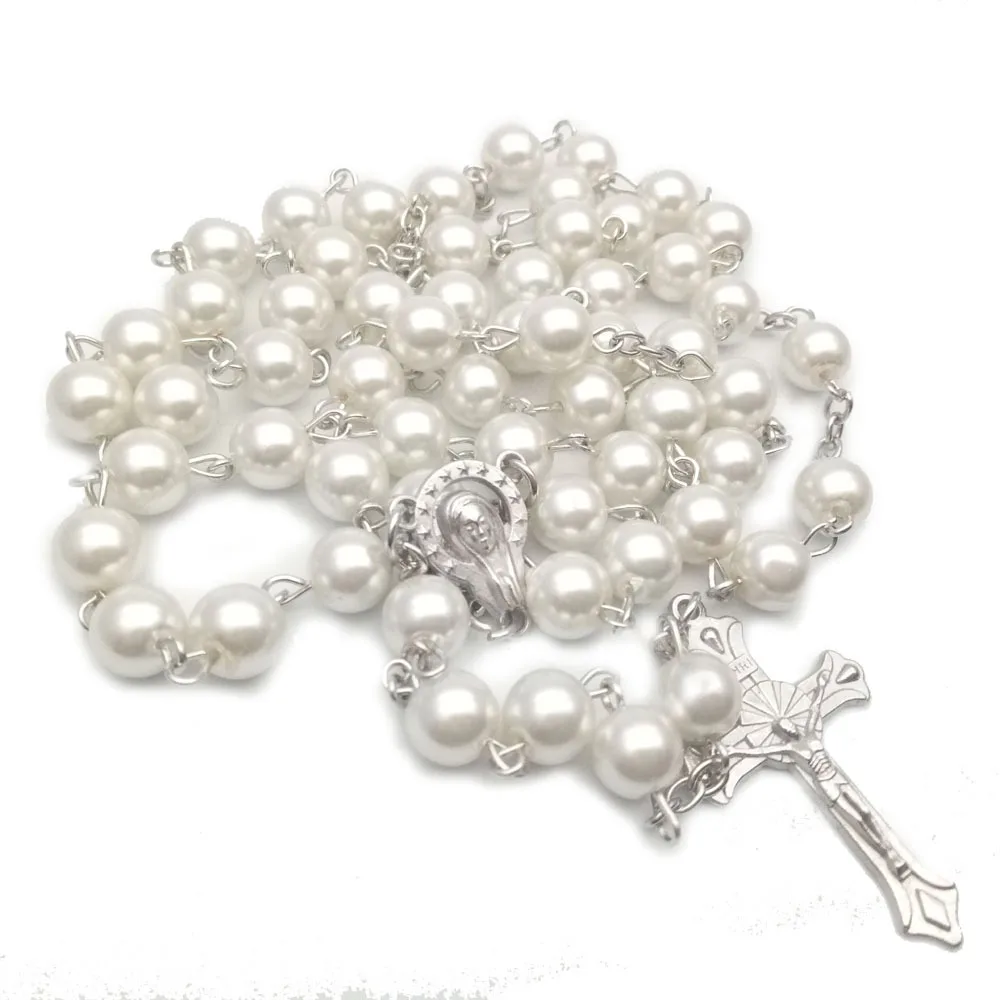 Wholesale Factory Direct 8mm Rosary Pearl Beads Cross Religious Jesus Necklace
