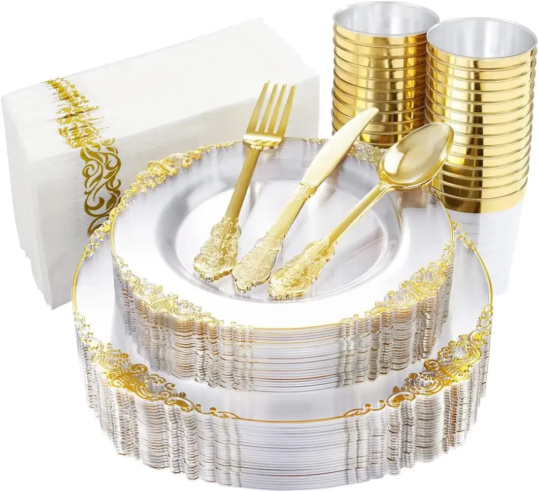 175 Transparent Dinnerware sets plates with cutlery Heavy Duty plastic disposable tableware with Gold Lace Rim for party wedding