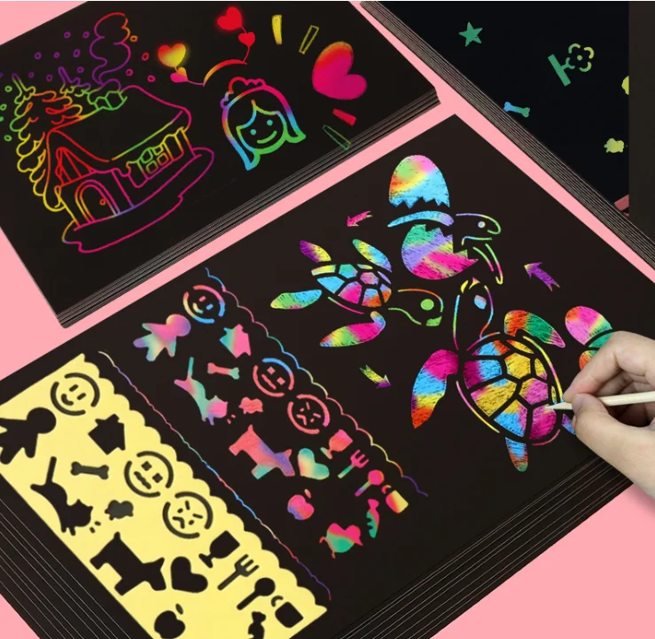 Hot Sale DIY Rainbow Scratch Paper Kit Cheap Magic Drawing Toys Set for Kids Aged 2 to 4 and 5 to 7 Years Encourages Play