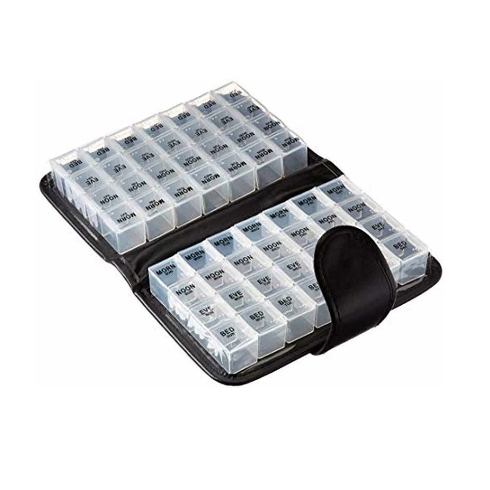 New PU Leather Monthly Pill Box Case Travel Storage 56 Compartments Stock Plastic Pill Box