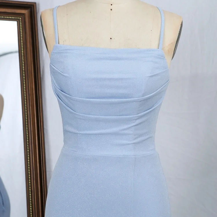 Light Blue hand pleated sleeveless lace up back side slit shiny stretch satin prom dresses