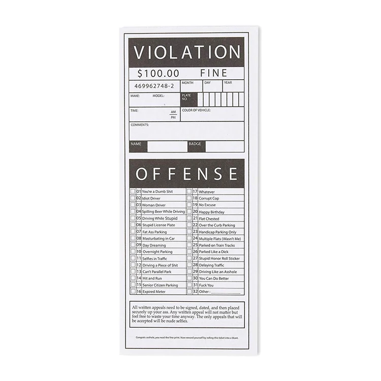 
Wholesale High Quality Custom VIOLATION Printing Paper Parking Tickets 