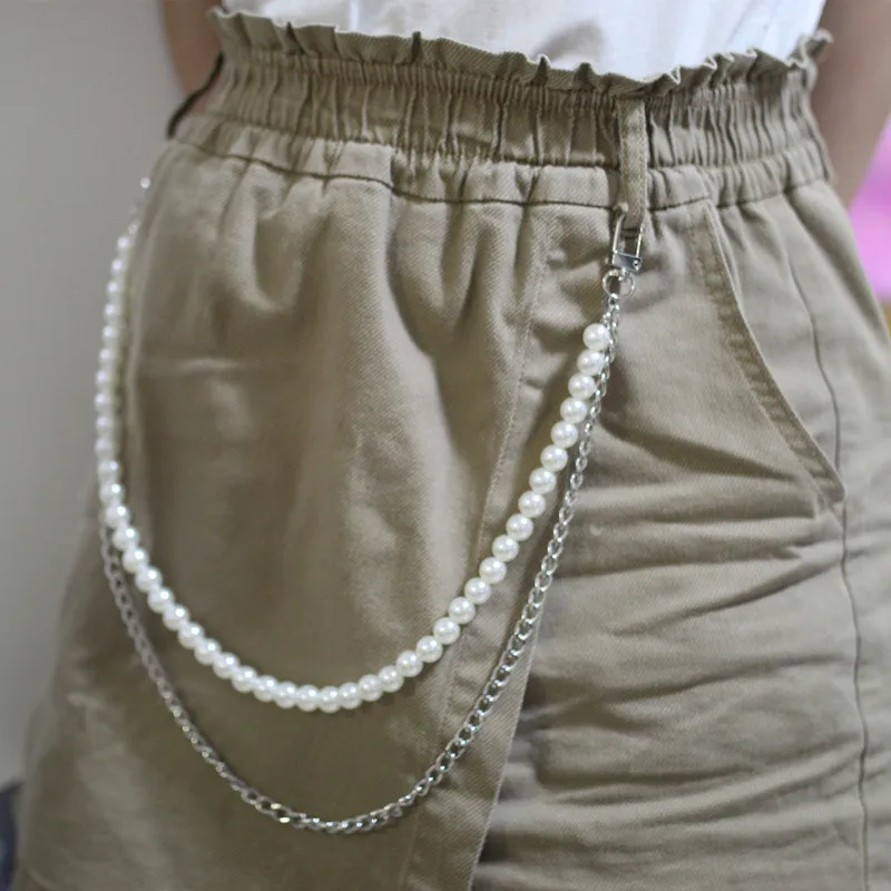 Gattara Hip Hop Retro Double Trouser Chain Stainless Steel Butterfly Pearl Pants Waist Chain for Women Men