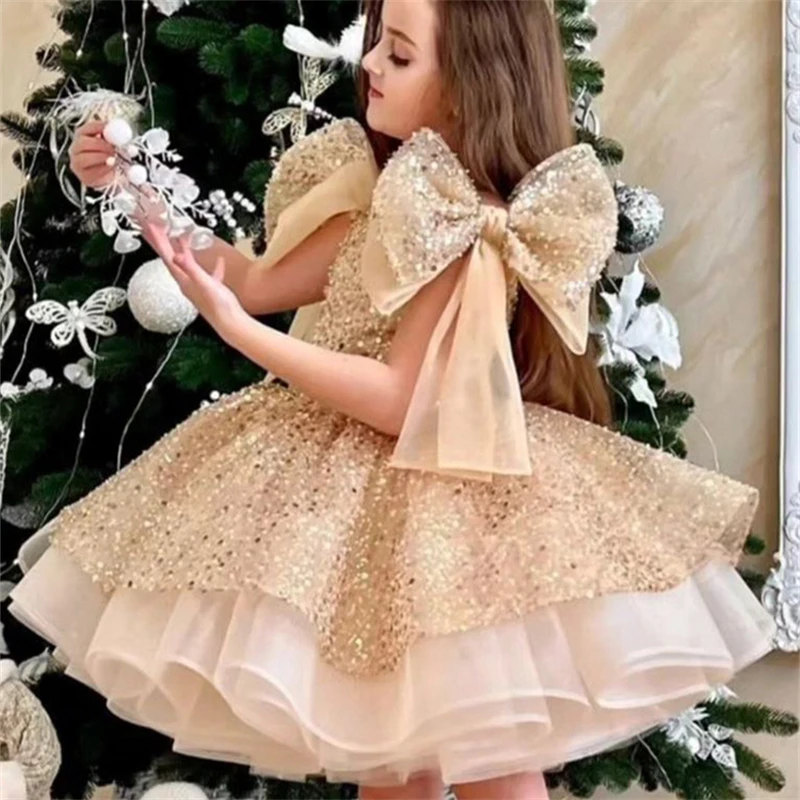 Children Party Dress Big Bow Shoulder Princess Sweet Sequin Puffy Prom Gown Baby Girls Piano Perform Formal Evening Dresses