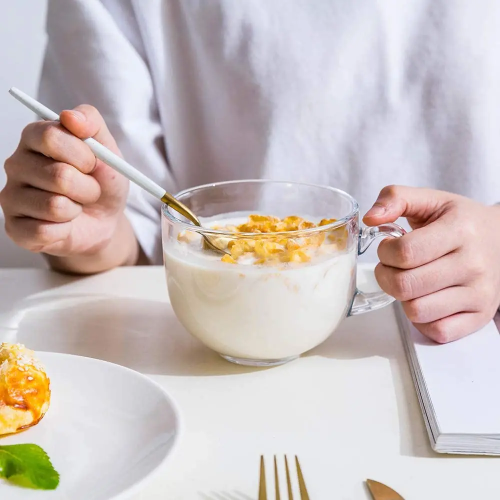 Wholesale Custom Logo Breakfast Milk Cup Dessert Cup Coffee Mug Batter Bowl Handle and Spoons with Glass