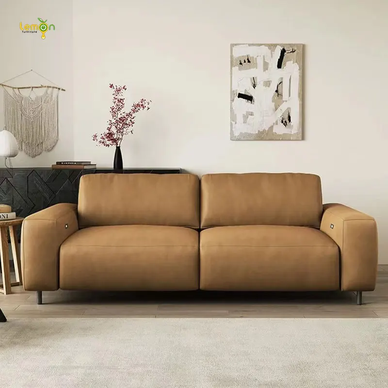 Italian light luxury retro bread lazy straight-row telescopic electric functional sofa living room elephant ear leather sofa