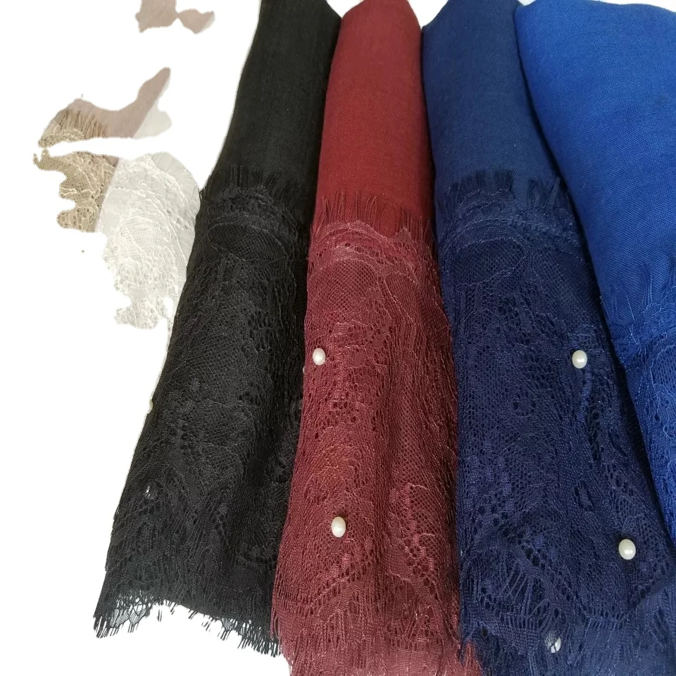 Custom fashion muslim pearl hijabs stole shawl arabic winter colour solid color cotton scarf lace hijab