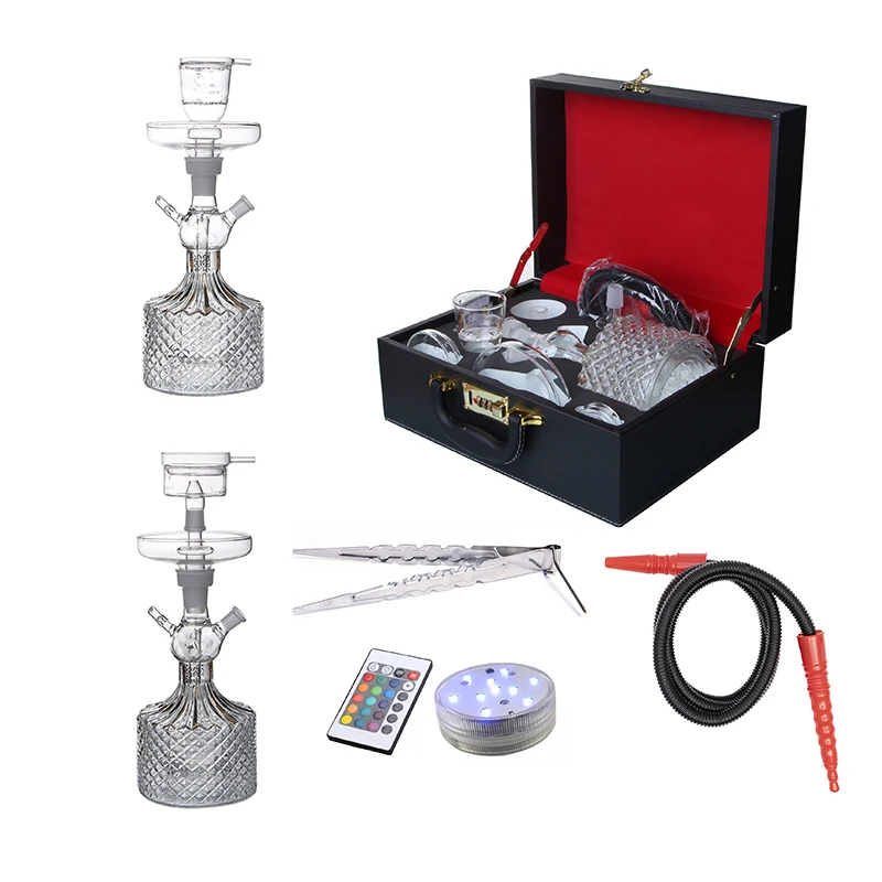 wholesale new design glass hookah shisha glass smoking LED light chicha narguile with leather suitcase