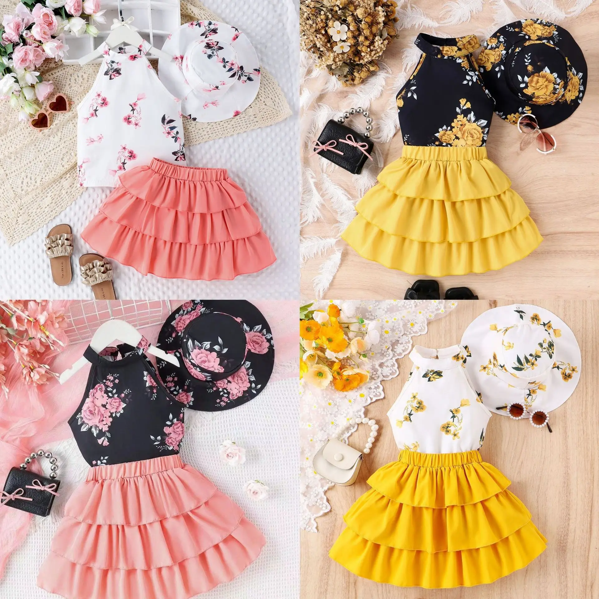 2024 Summer Cute Girls 3Pcs  Clothes Floral Printed Halter Top Cake Skirt Hat Toddler Clothing Suit Kids Outfits Wholesale