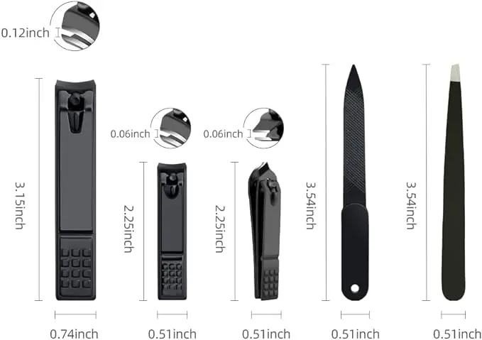 Nail Clippers Set in Black Matte Stainless Steel  with Tweezers  Nail File in 5pcs or 3pcs set