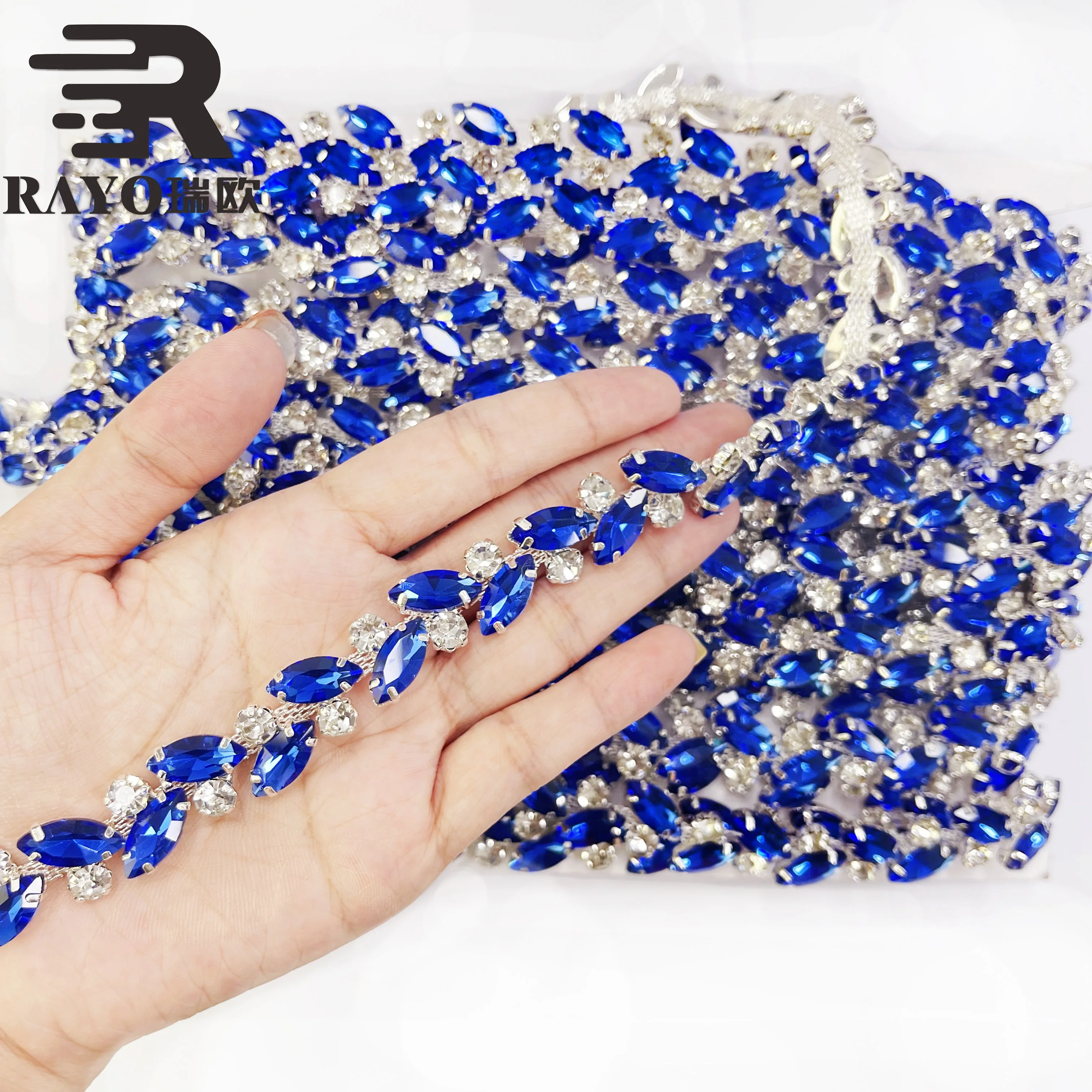 Blue Color Fashion10 Yards stone flower trim for Garment Decoration Bag Necklace Earning Applique Technique