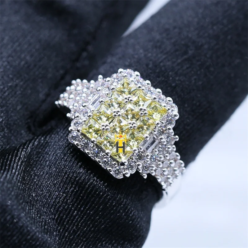 Lab diamond citrine cz ring silver gold plated square shaped zircon ring custom crystal iced out hip hop ring