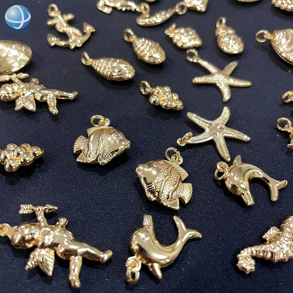 Unique Double-sided 3D Copper Scallop Shell Bikini Charms Gold Tone Sea Star Cupid Pendant Swimsuit Clasp For Beach Babes Jewel