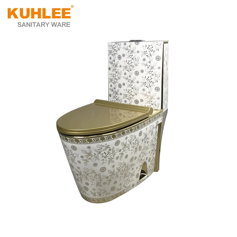 Perfect Finish Bathroom Golden Flower One Piece Toilet Bowl With Slim Seat Cover
