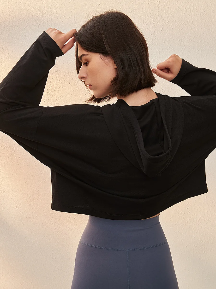 High elastic quick dry sports jacket loose thin yoga top fitness clothing hooded jacket sun protection women