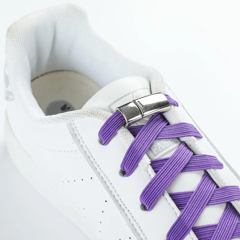 Upgrade Style No Tie Elastic Flat Nylon Stretch Shoe Strings Shiny Metallic Magnetic Shoelaces Metal Buckle Clips Lock