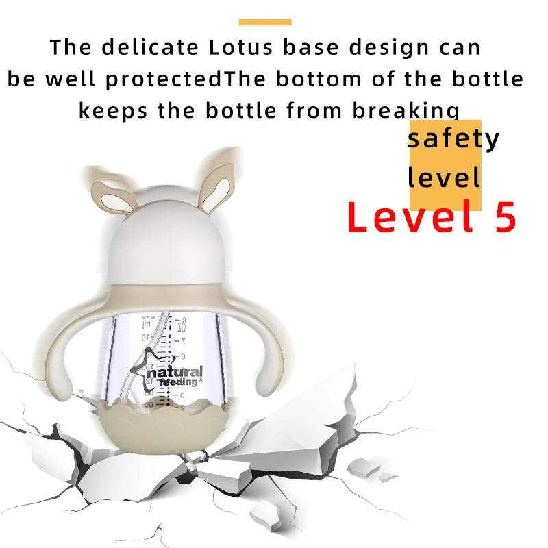 NEW 150 ML Glass Wide Neck Baby Milk Feeding Bottle with Silicon Handles and Protective Bottom anti-gas anti choking