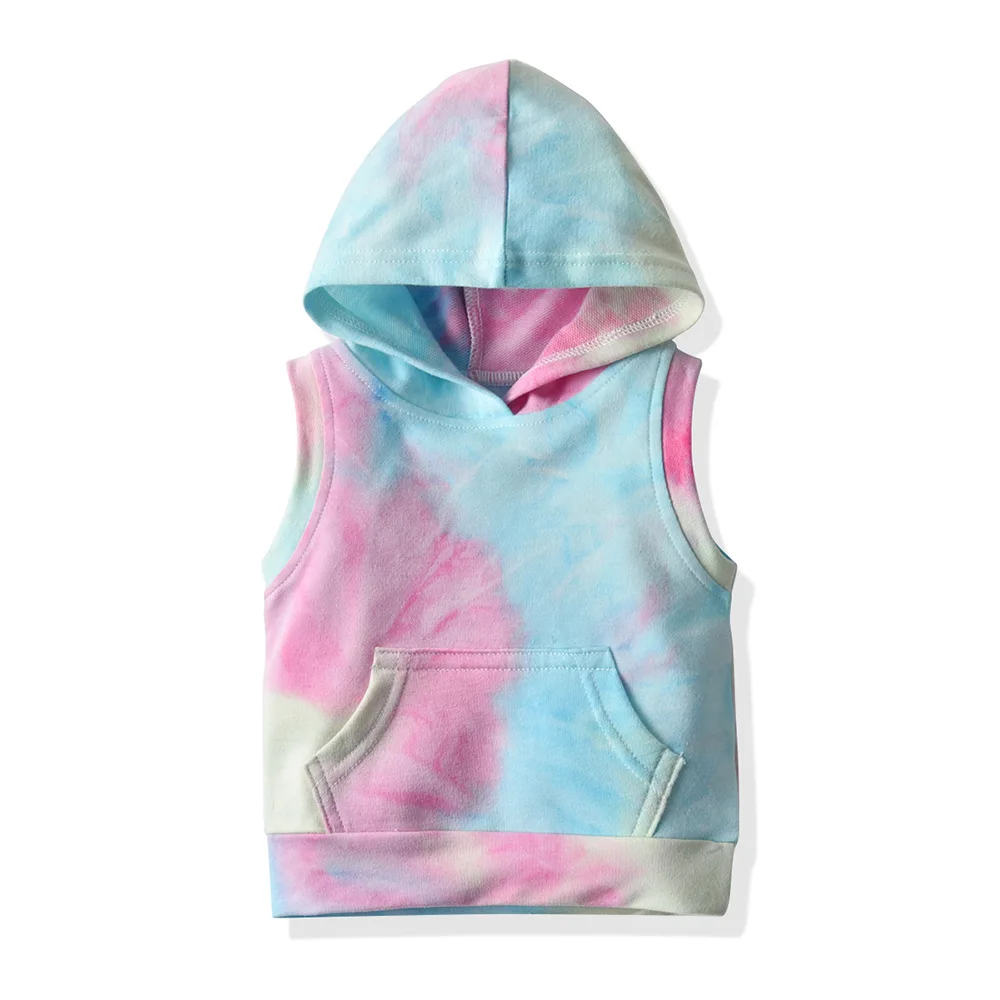 Summer new foreign trade cross border supply boys and girls tie dyed sweater sleeveless hooded Pullover shorts two-piece set