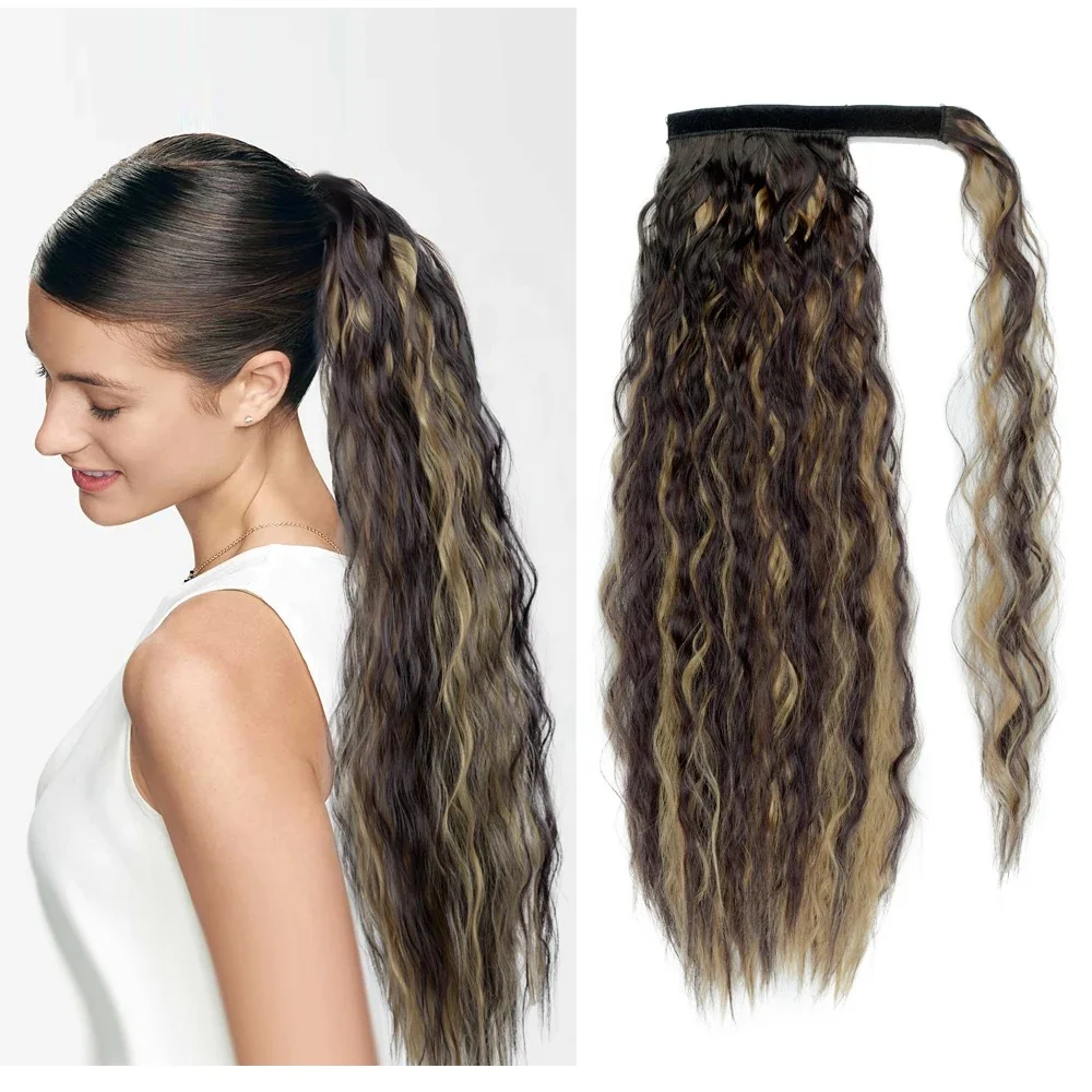 Wholesale Corn Wave Ponytail Clip in Corn Curly Ponytail Extensions Black Drawstring Ponytail Extension Human Hair