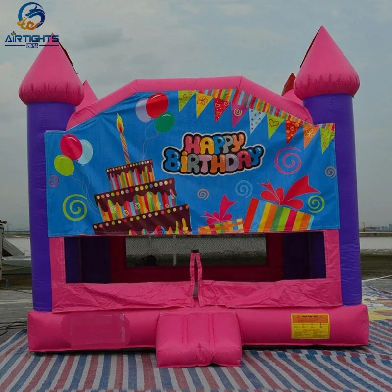 15ft*15ft popular rental inflatables party jumper pink inflatable bouncy castle with birthday theme banner