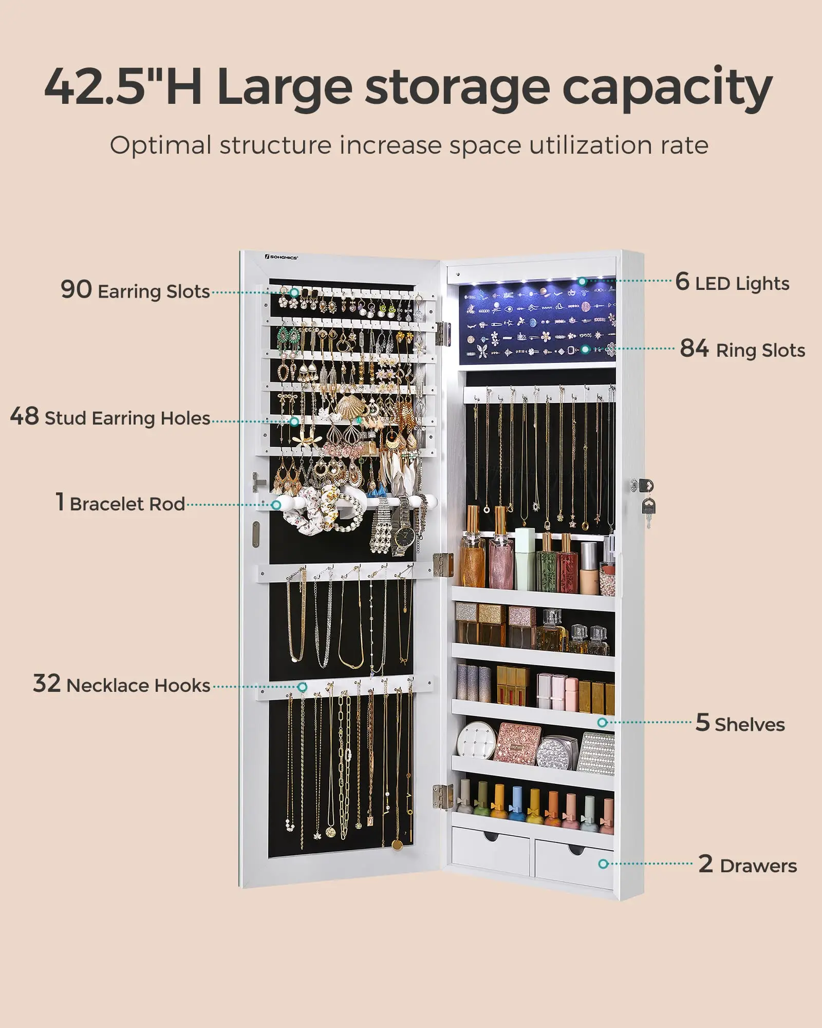 Nicetree Large Capacity Lockable Jewelry Armoire Organizer 6 LEDs Mirror Jewelry Cabinet White Wall Mounted Mirror Storage