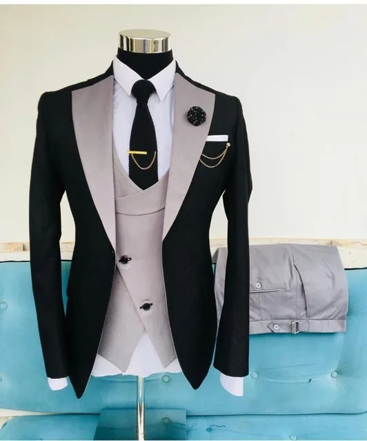 Navy Costume Homme Groom Tuxedos Men Suits Peaked Lapel Wedding Prom Terno Masculino Slim Fit Blazer 3 Pcs (Jacket+Pants+Vest)