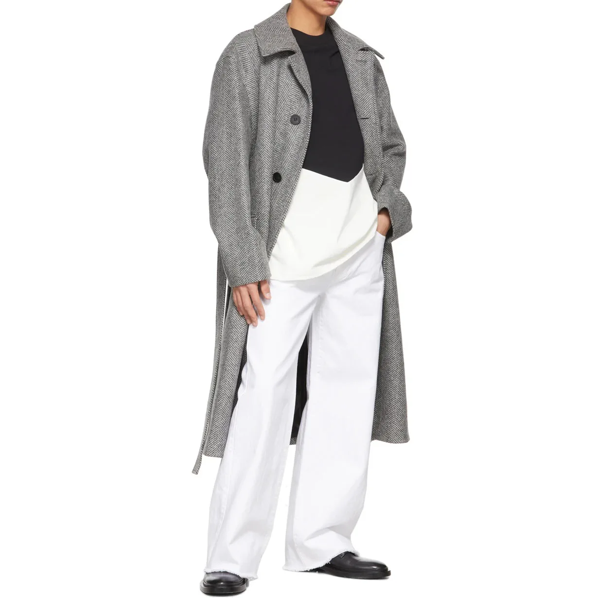 new stylish oversize herringbone pattern long sleeve brushed wool coat for men