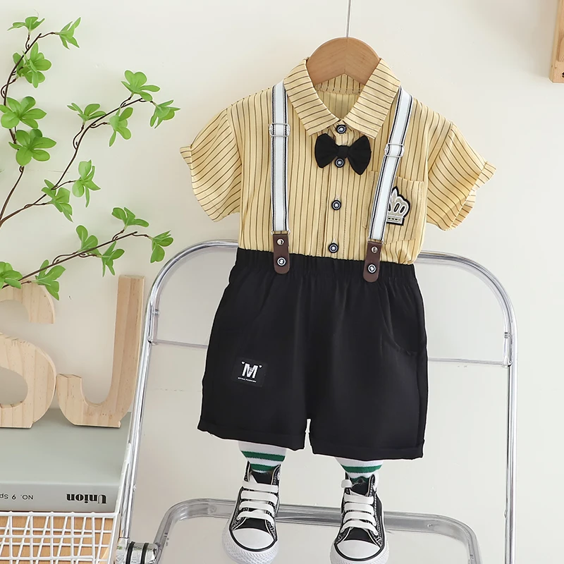 2024Summer Kids Baby Boy Formal Suit Short Sleeve with Shirt+Suspender Pants Casual Clothes Outfit Gentleman 2PCS clothes