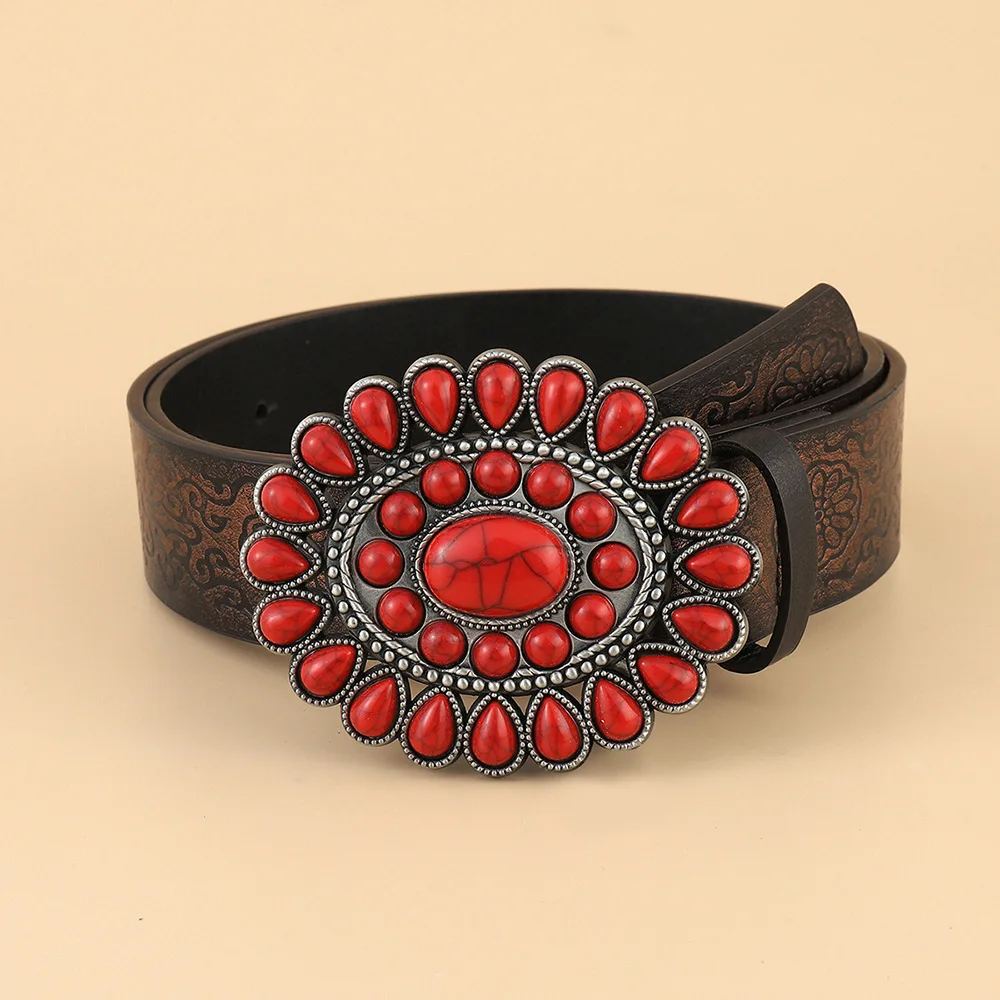 European American Retro Belt Y2k Ethnic Style Pu Belt Simple Design With Sapphire Inlaid Popular Buckle Made From Alloy Material