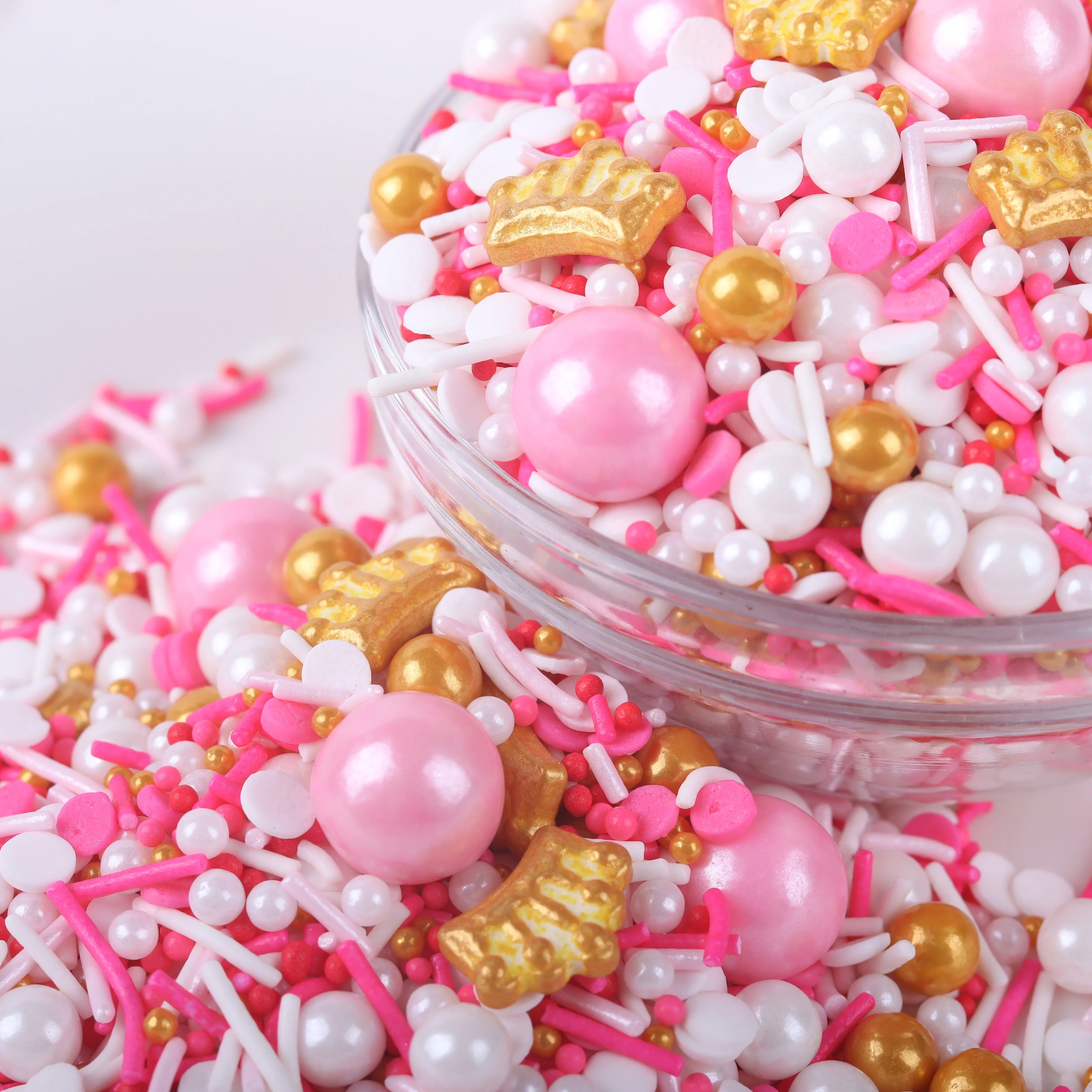 Lovebakery Valentine Pink Sugar Pearls Cake Sprinkles Mixes Gold Crown Press Candy Shimmer Jimmies Sprinkles for Bake Decoration