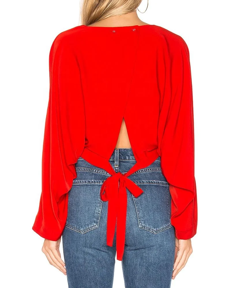 women red sexy open back top adjustable back tie closure ladies fashion back cut out sexy blouse