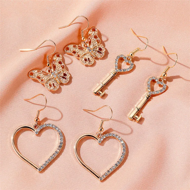 
Personalized Gold Earrings Bling Rhinestone Key Butterfly Diamond Heart Earrings 