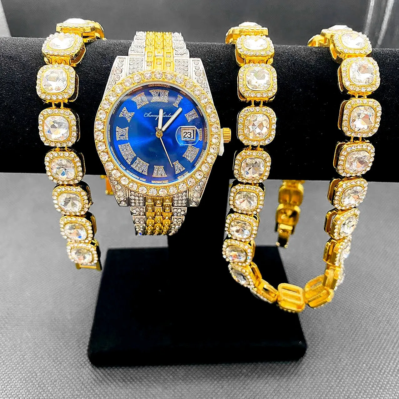 3pcs/set Iced Out Watches men wrist luxury Watch Cuban Link Chain Bracelet set Bling Jewelry Sets for Men Hip Hop Watch For men