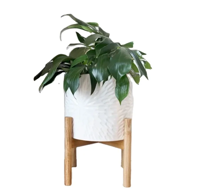 White Ceramic Planters Flower Pot With Wood Stand