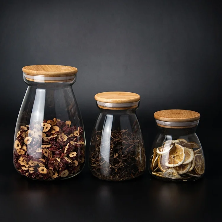 High quality borosilicate glass transparent T Shape glass jars with bamboo lid for spice