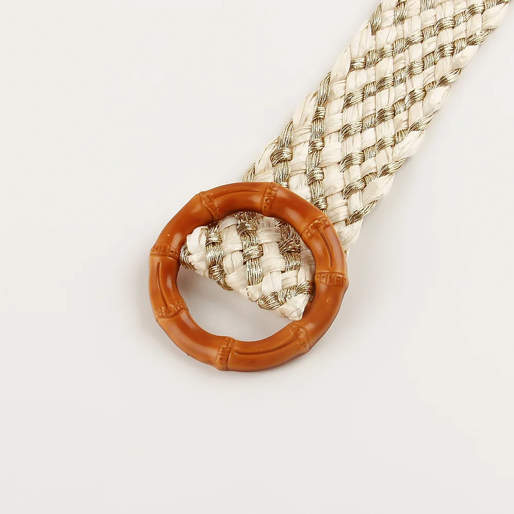 REWIN 2022 New Trend Wide Apricot Shinny Metallic Straw Woven Belts With Wood Bamboo Rings Buckle